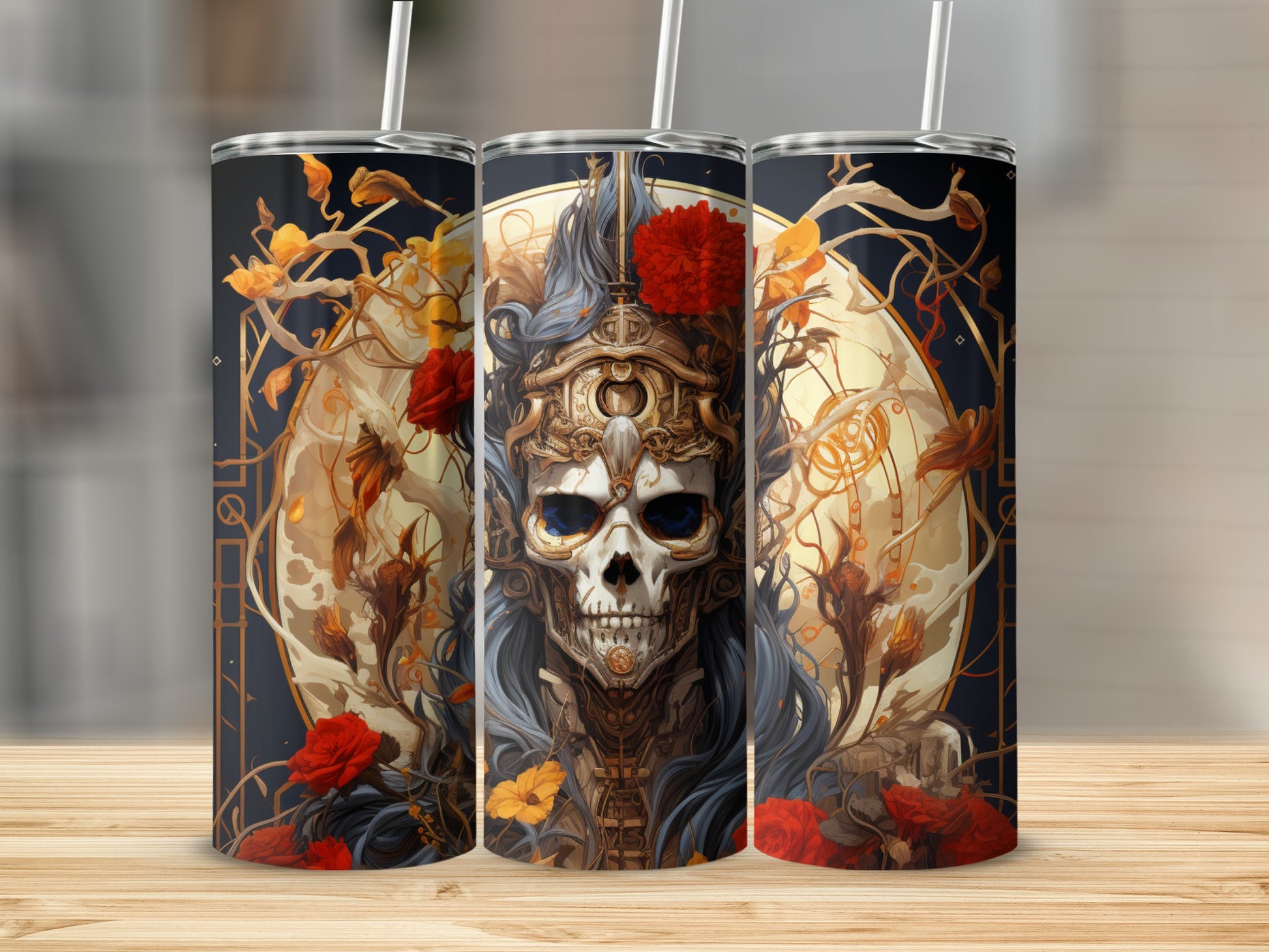 Intricate Skull and Floral Design Travel Mug Product