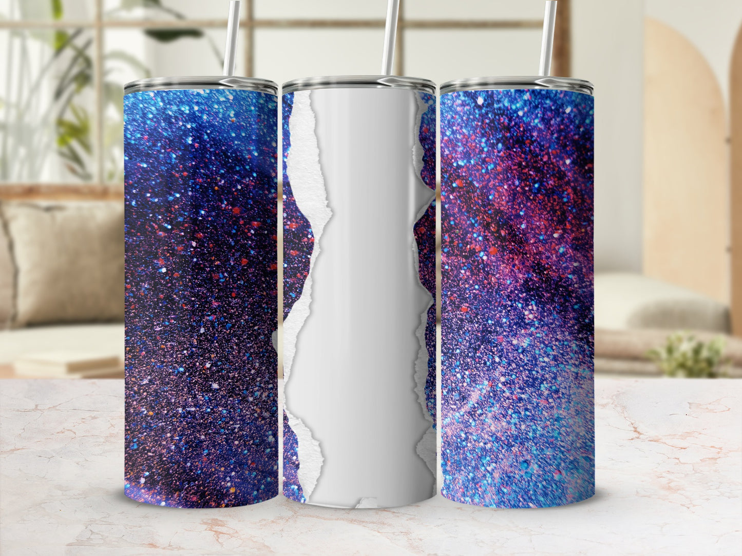 Three glitter-covered tumblers with torn paper effect in a studio setting.