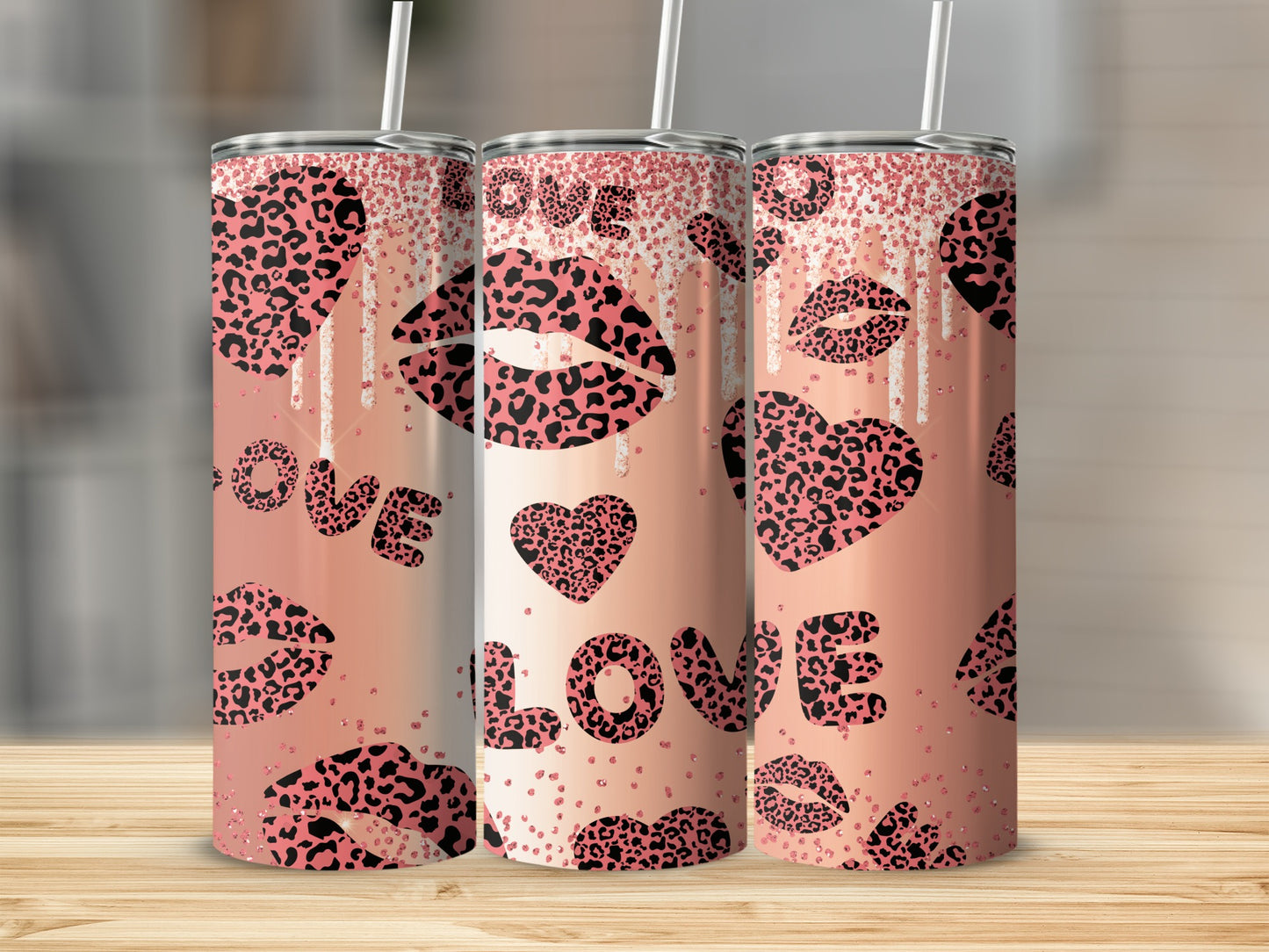 Leopard Print Love Kisses Hearts Insulated Tumbler Flask