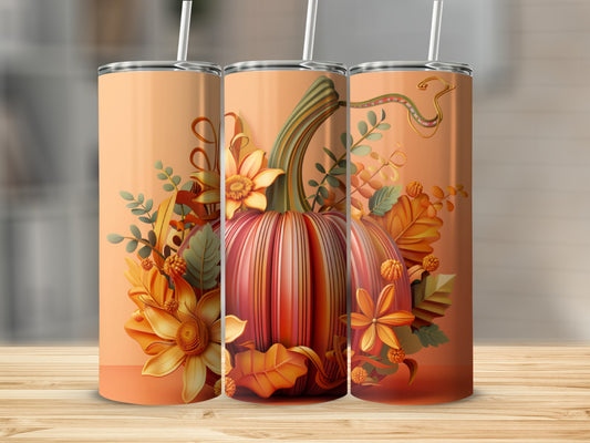 Three tumblers with a fall pumpkin and leaf design.