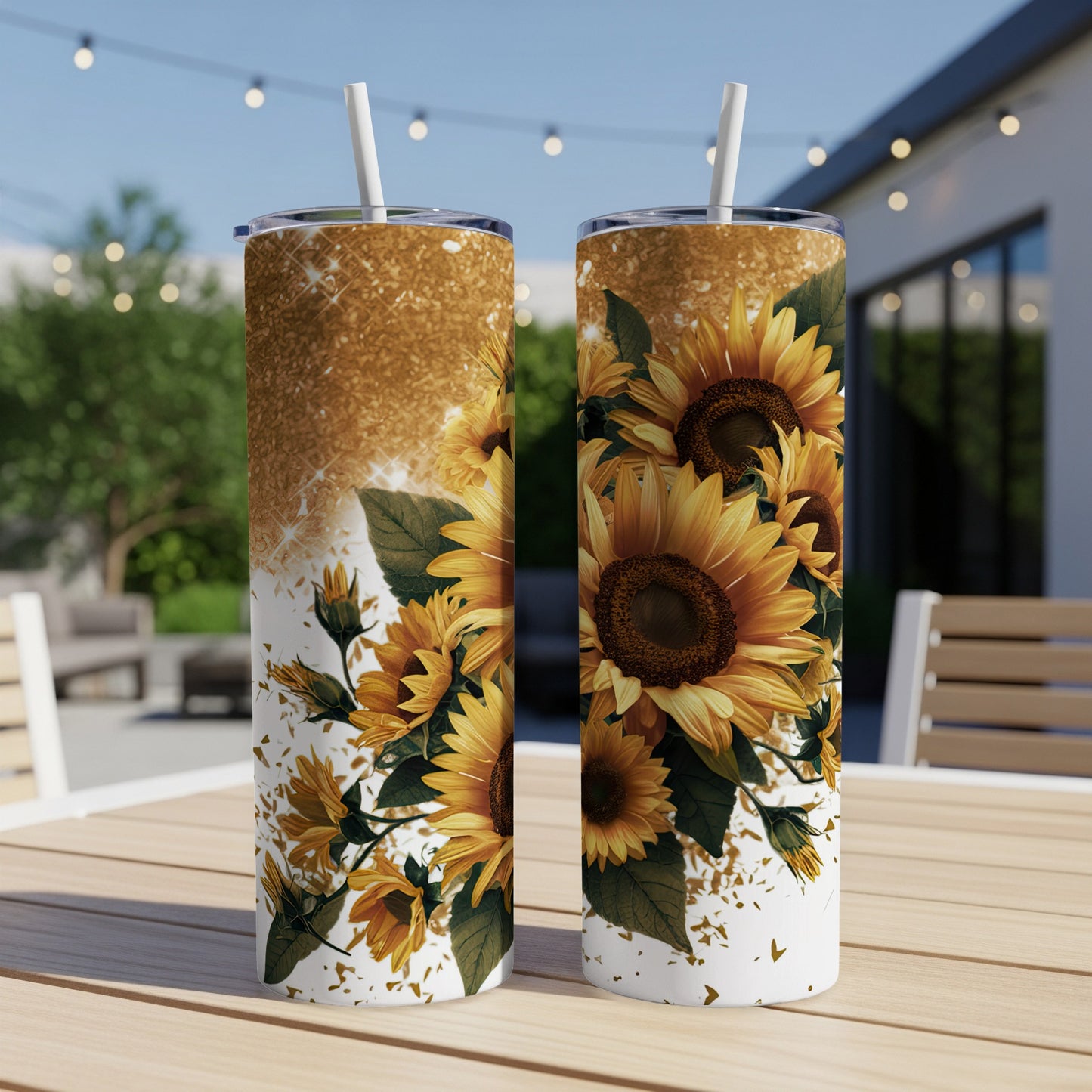 Two tall tumblers with sunflowers and gold glitter on a patio table.