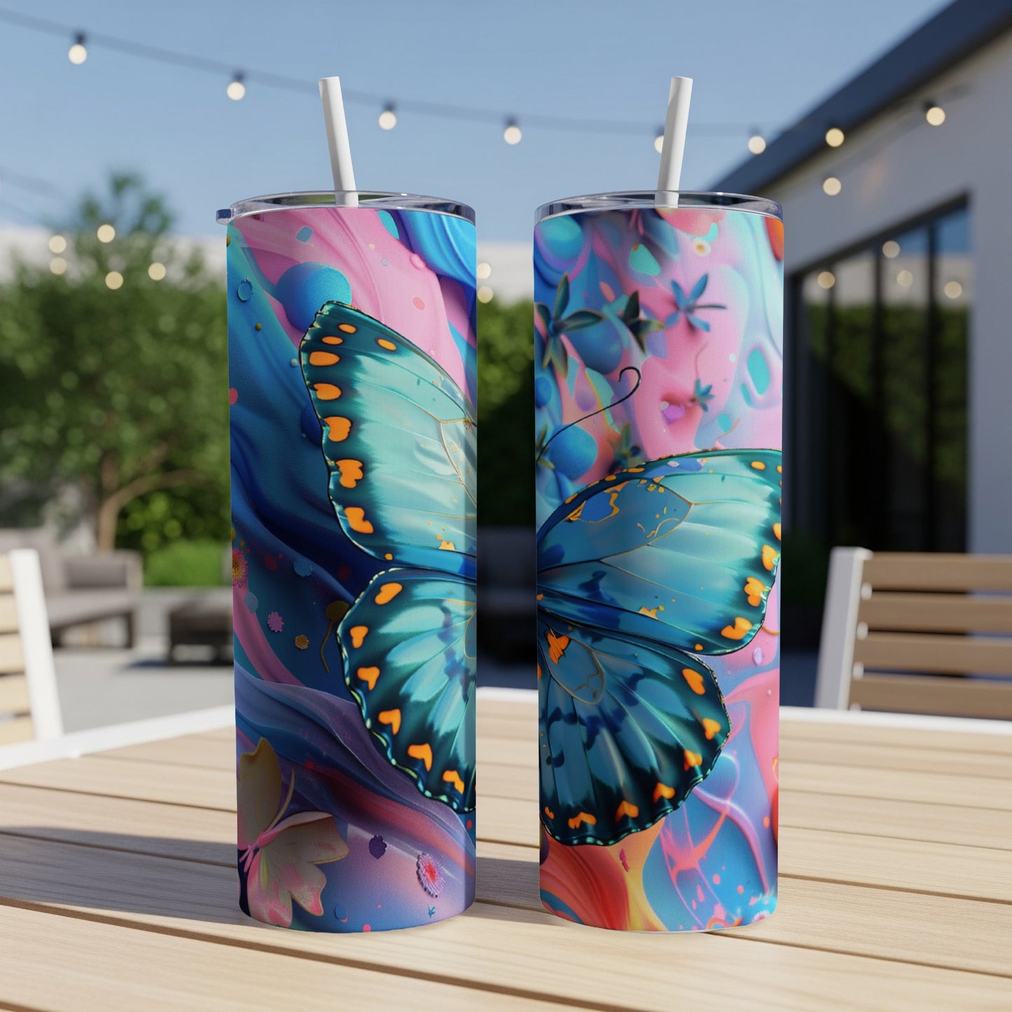 Two tall tumblers with a vibrant blue butterfly and floral design.