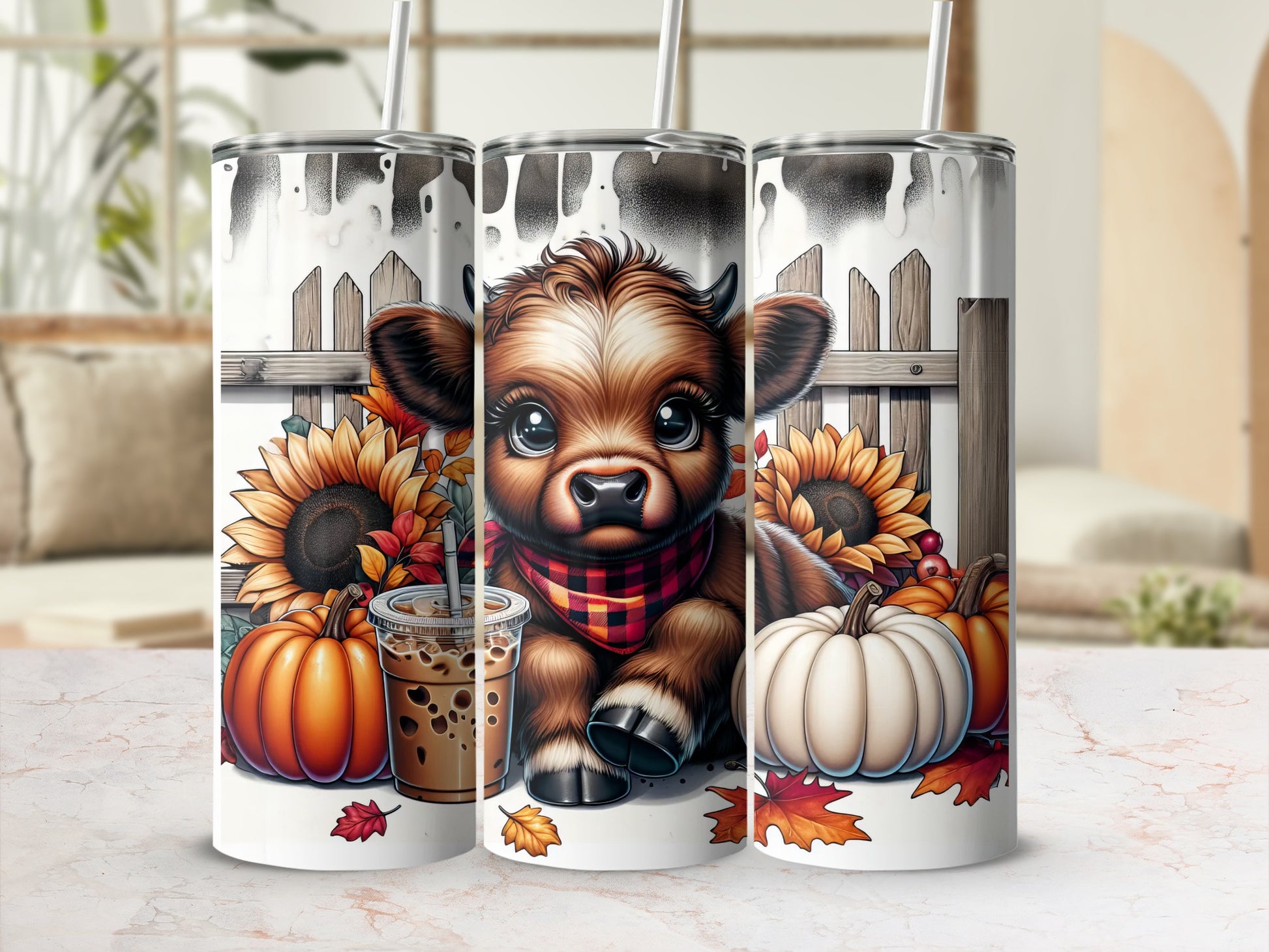 Cute cow with pumpkins and sunflowers on a tumbler.