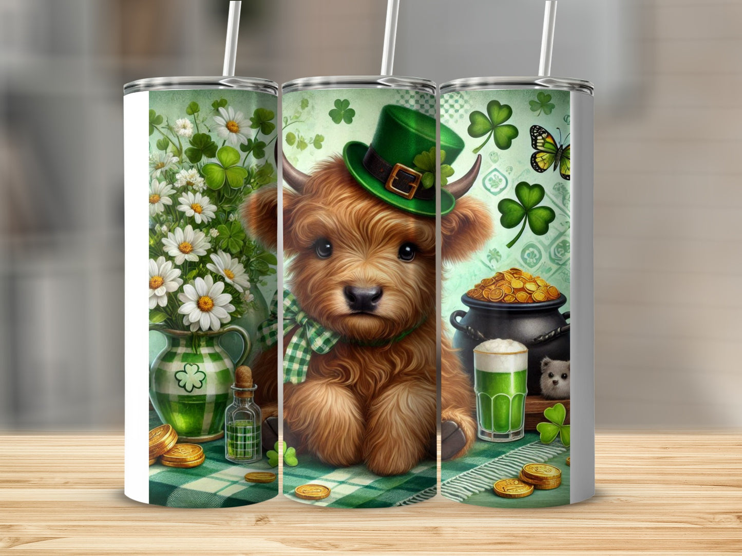 Highland cow in green hat with shamrocks and pot of gold.