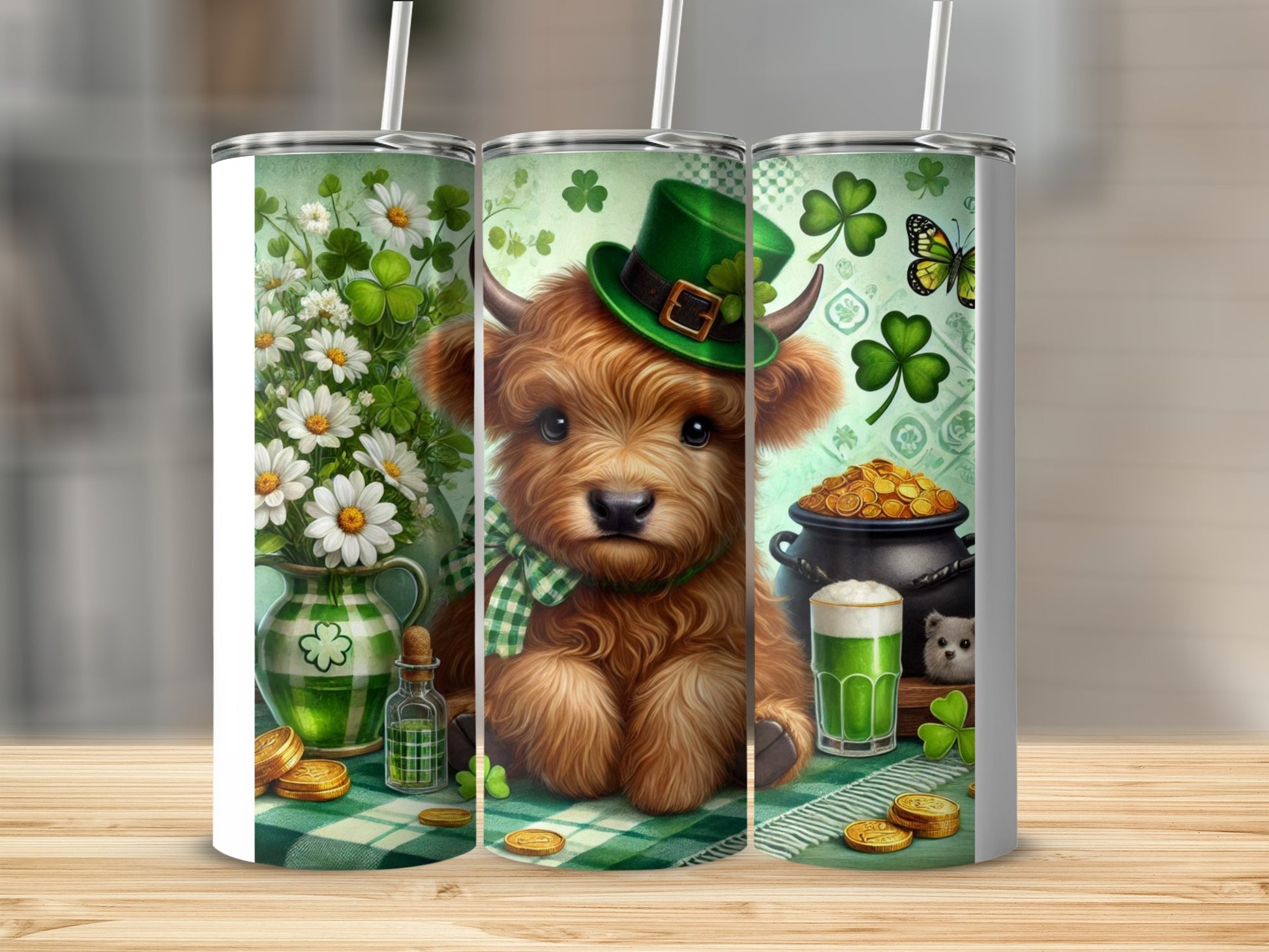 Highland cow in green hat with shamrocks and pot of gold.