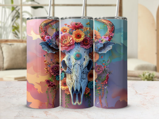 Floral bull skull tumbler with vibrant colors and unique pattern.