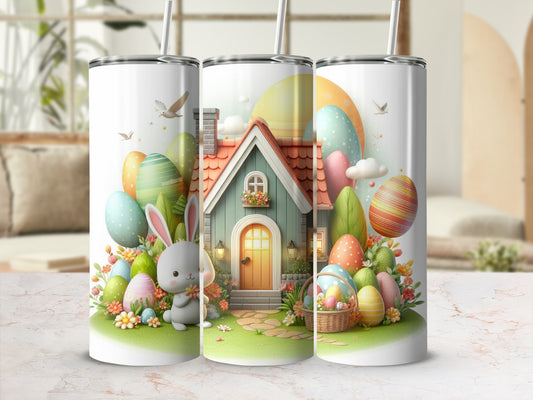 Easter bunny and eggs decorate a house on a tumbler.