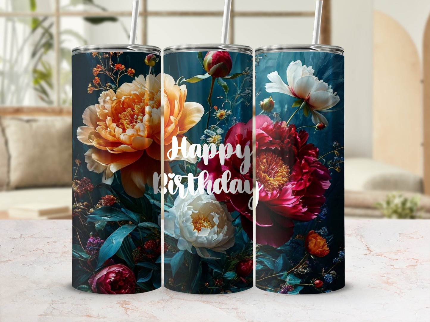 Floral tumbler with "Happy Birthday" text.