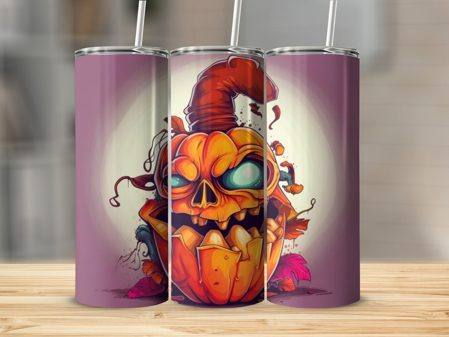 Three tumblers featuring a cartoon jack-o'-lantern with glowing eyes and a witch's hat.