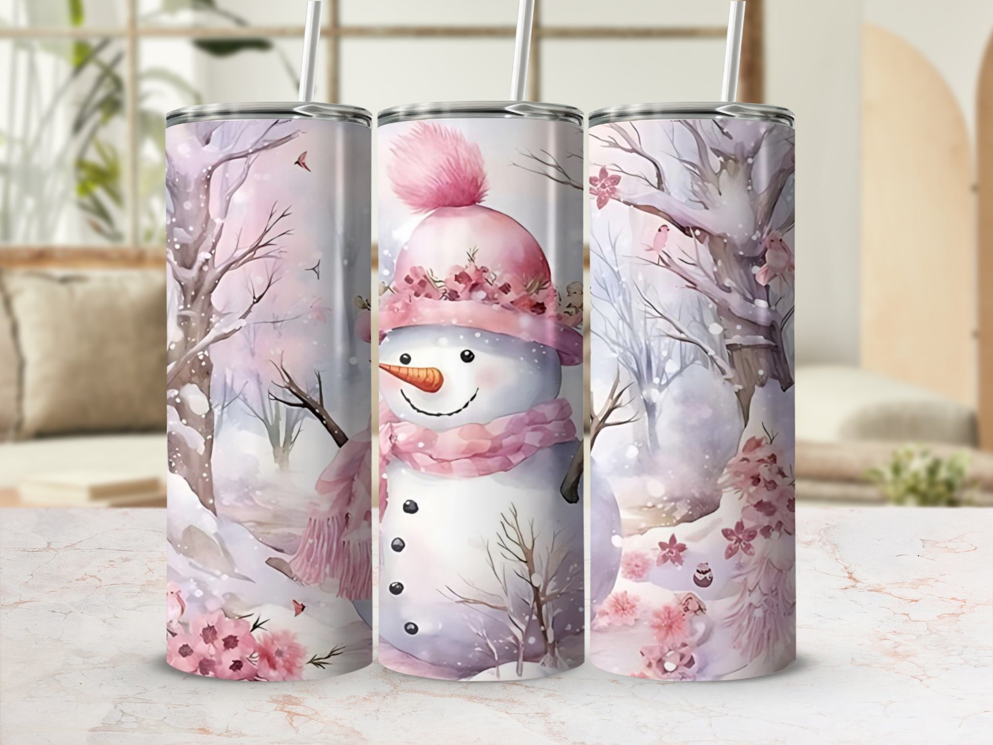 Winter Wonderland Pink Snowman Design Tumbler