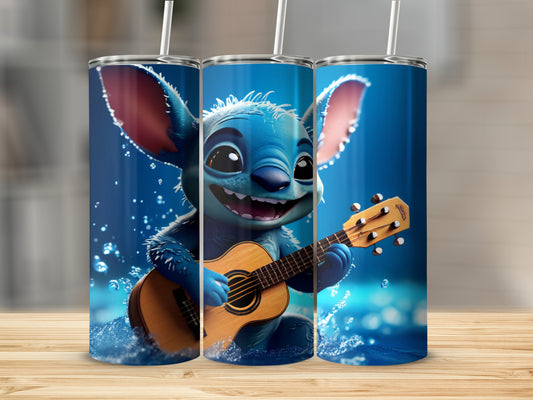 Stitch holding a ukulele, with water splashing around him.
