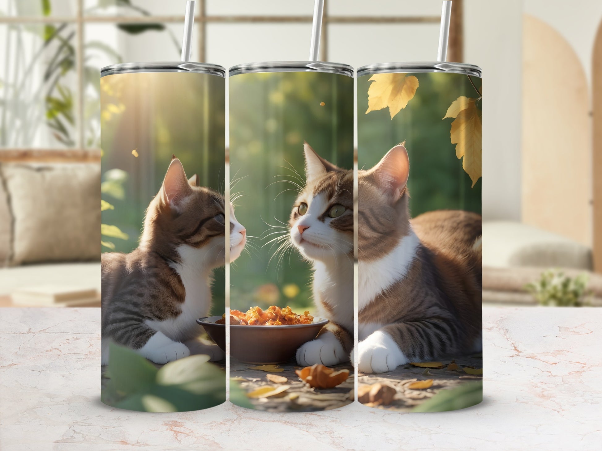 Two cats autumn scene food bowl leaves tumbler product type