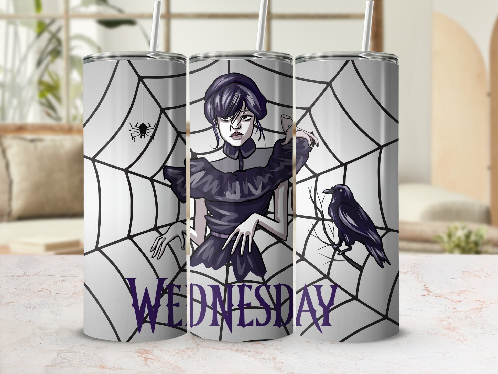 Gothic Wednesday Spider Web Tumbler with Raven Design