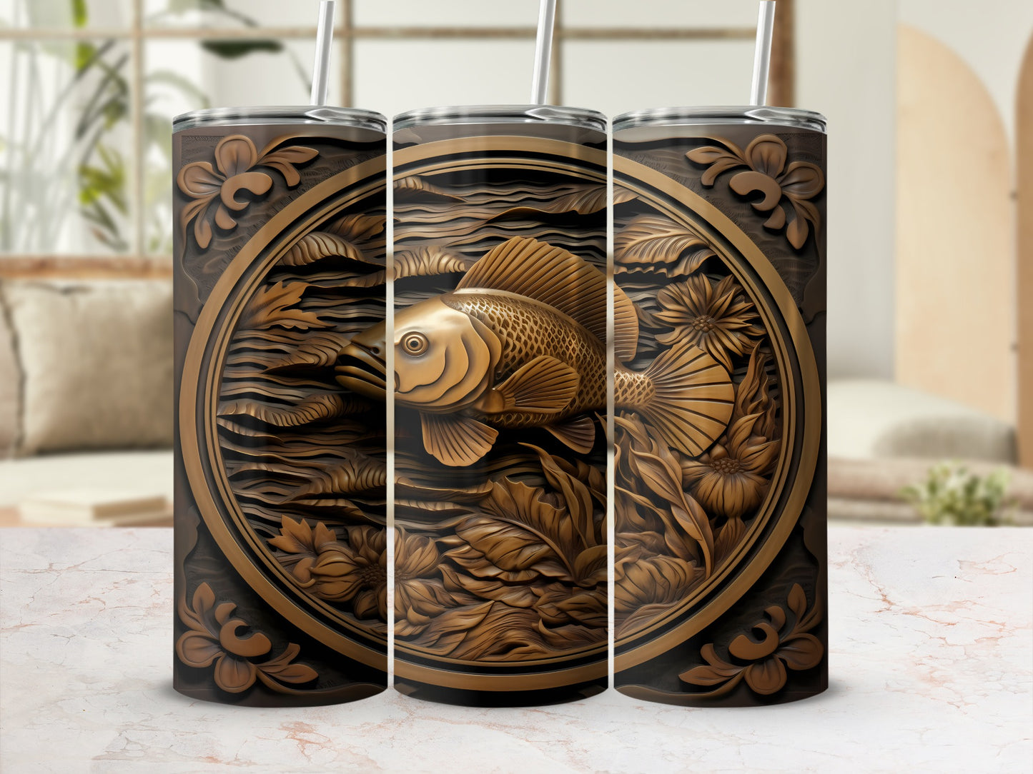 Three tall tumblers with carved fish and floral designs.
