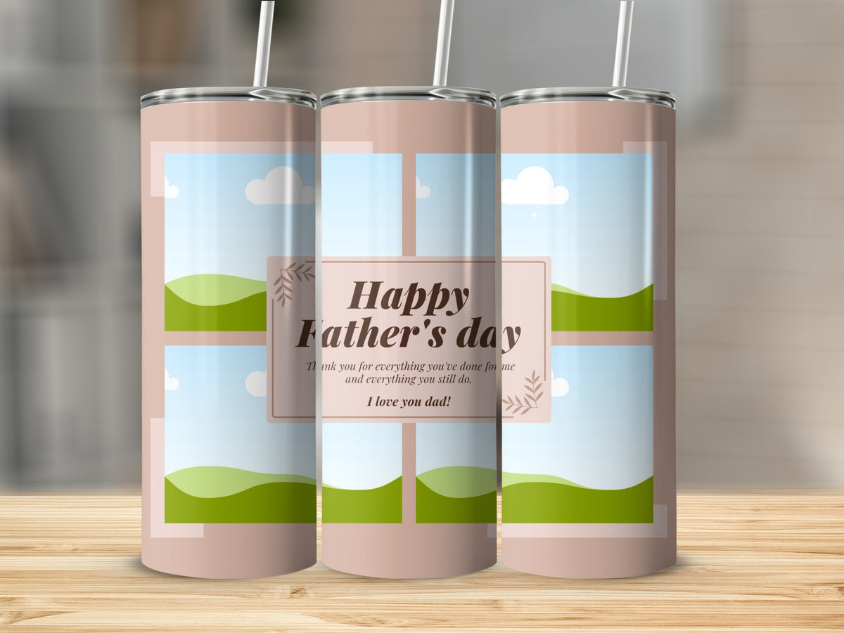 Tumblers with "Happy Father's Day" message and scenic landscape design.