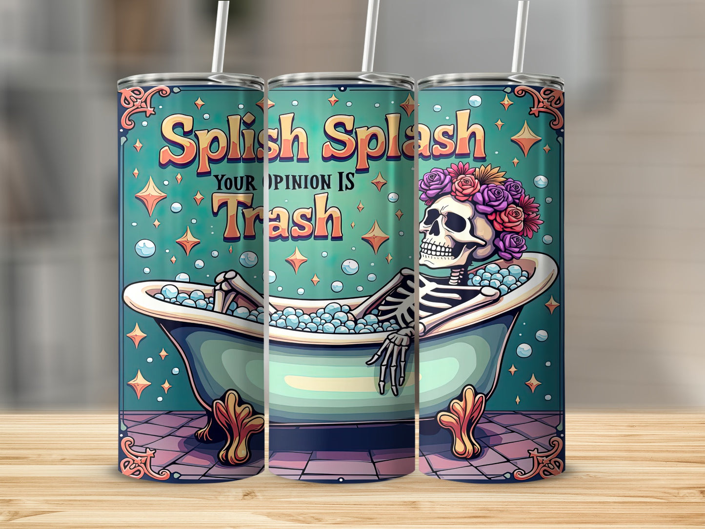 Splish Splash Your Opinion Is Trash product type
Splish Splash, Opinion Trash, Skeleton Bathtub, Flower Crown Skull, Funny Drinkware, Sarcastic Gift, Humorous Tumbler, Unique Design, Gothic Aesthetic, Quirky Art, Bubble Bath, Statement Tumbler, Floral Skull, Teal Background, Whimsical Design, Dark Humor, Rebel Expression, Skull Art, Novelty Gift, Cool Tumbler