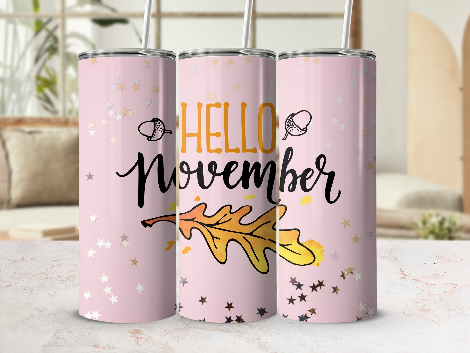 Hello November Pink Tumbler with Acorn and Leaves Design