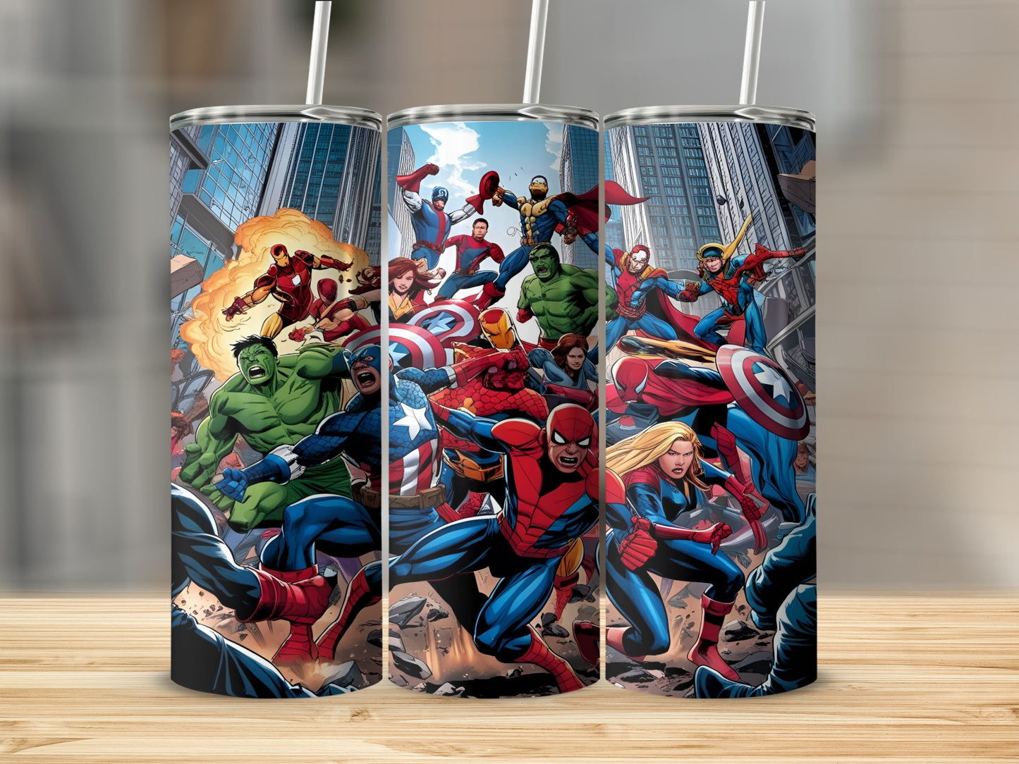 Marvel superheroes, including Iron Man and Captain America, in action against a city backdrop.