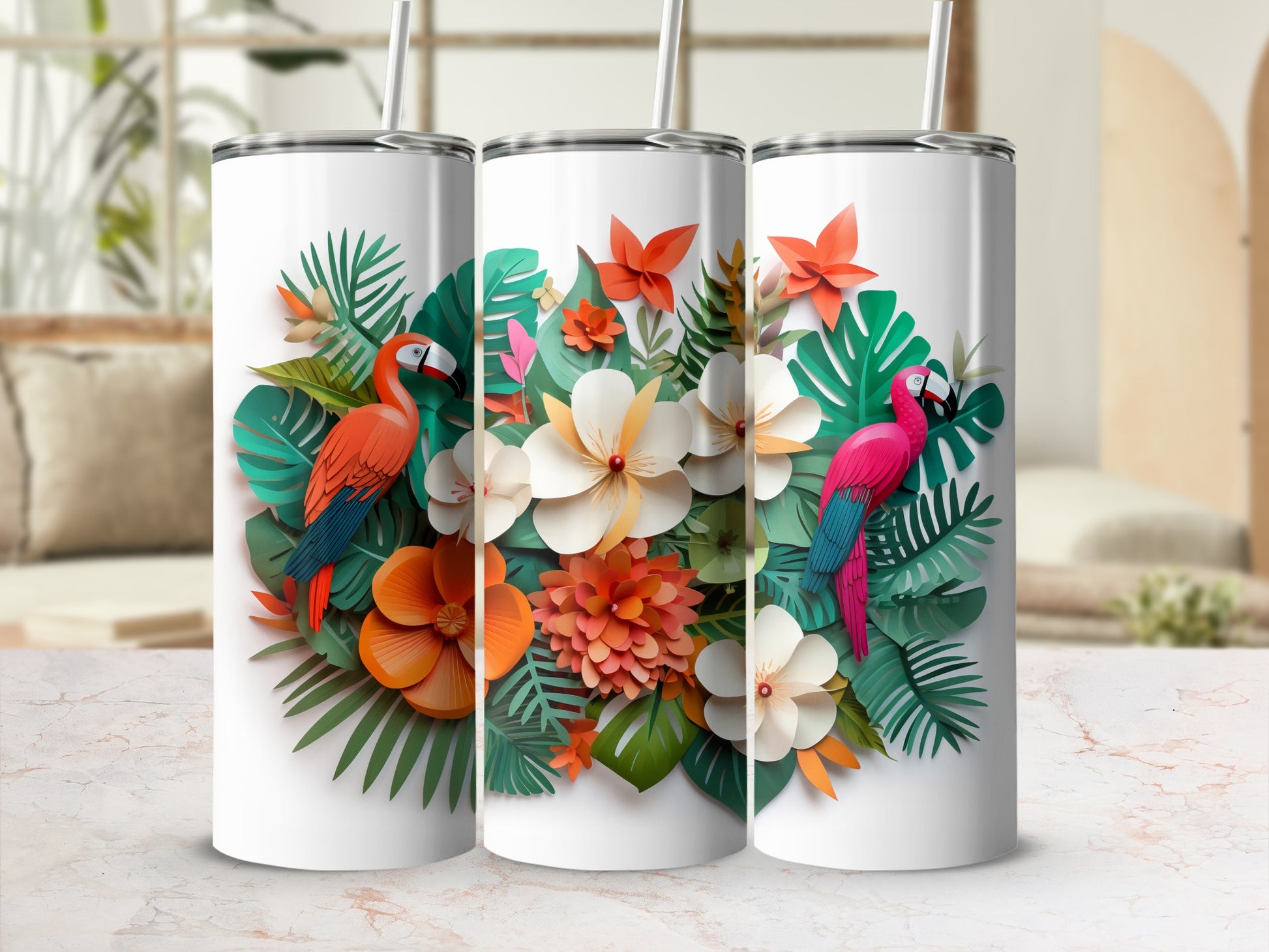 Tropical Parrot and Flowers Design Tumbler Cup