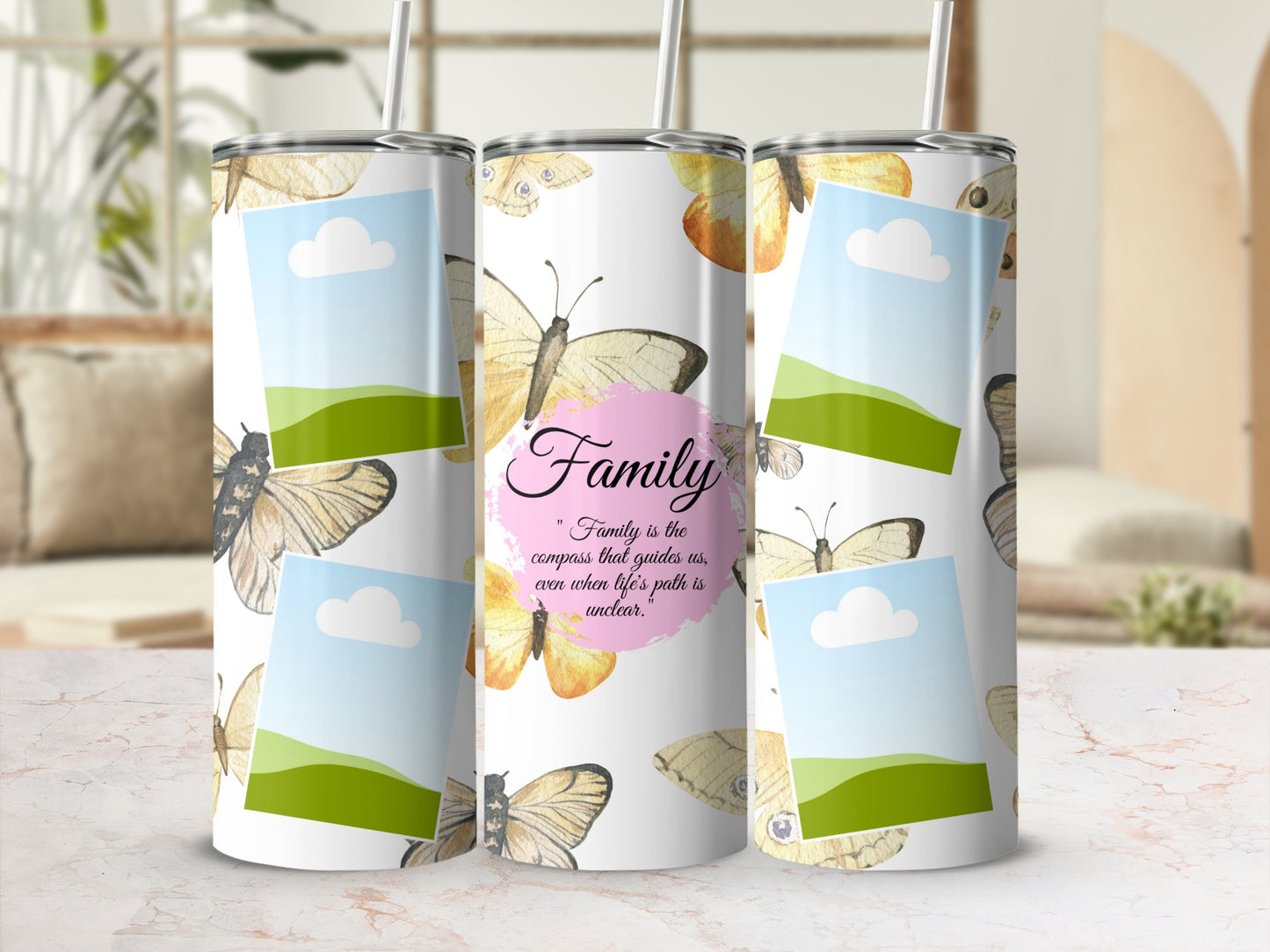 Tumblers with butterflies and quote "Family is the compass that guides us, even when life's path is unclear."