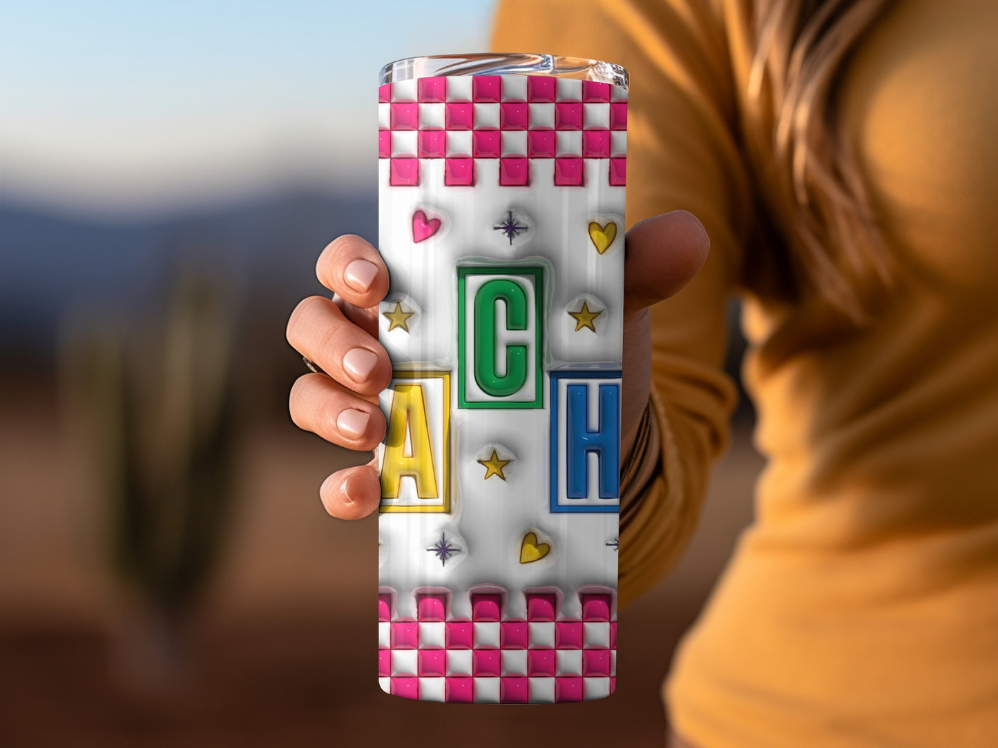 Colorful Teacher Letters in Squares Stars Hearts Tumblers