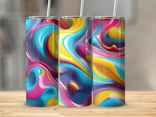 Three colorful abstract swirl tumblers on a wooden surface.