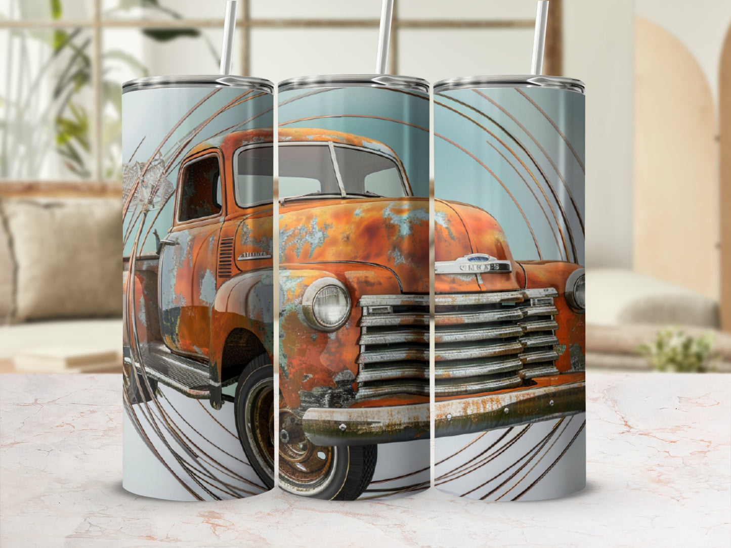 Rusty vintage truck with concentric circles design on a tumbler.