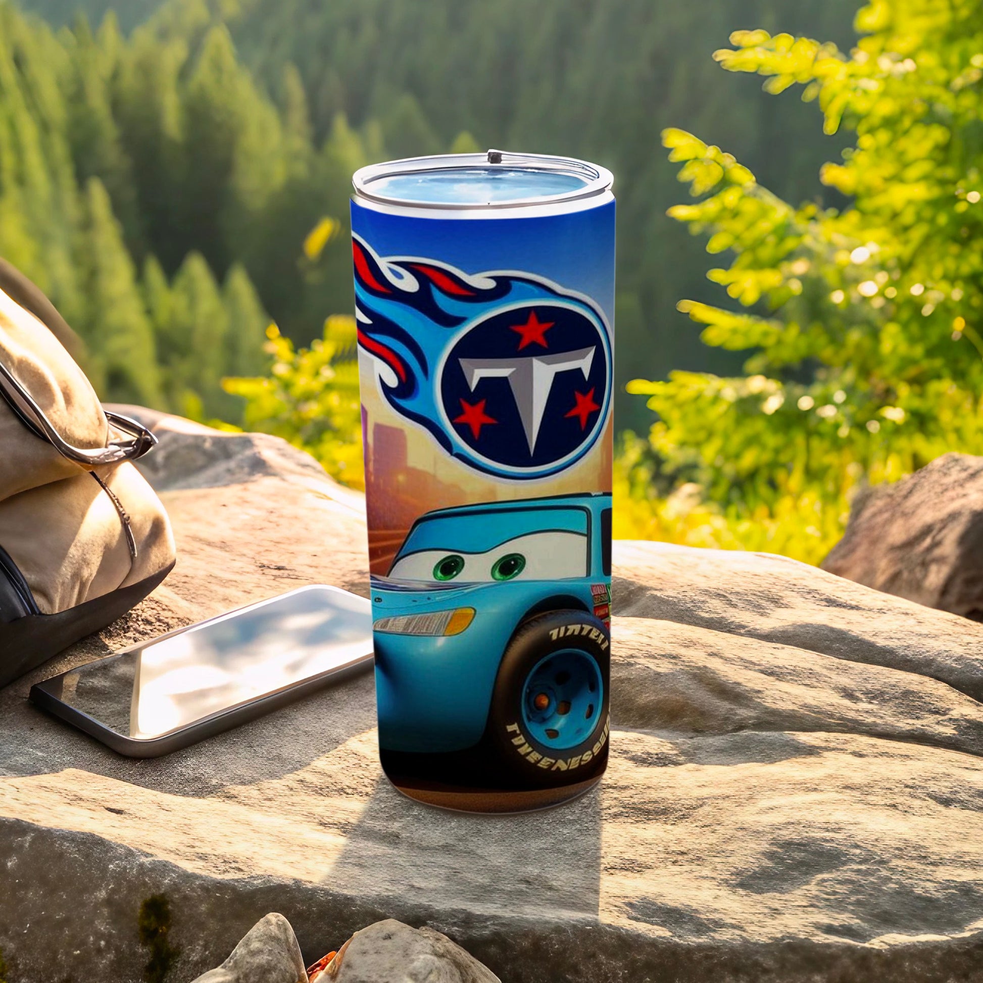 Blue Animated Car with Flames Design Travel Tumbler