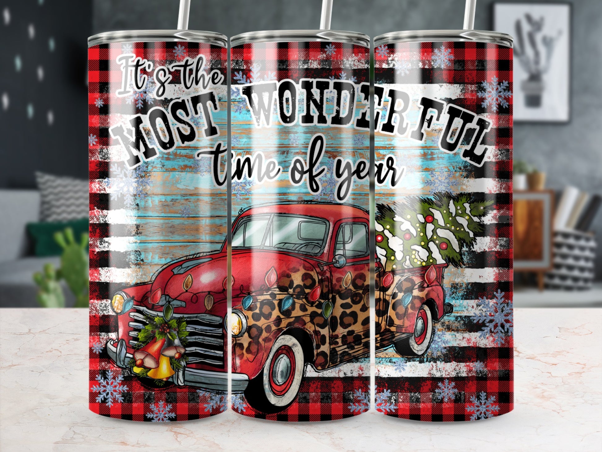 Red pickup truck with Christmas tree, leopard print, and plaid pattern.