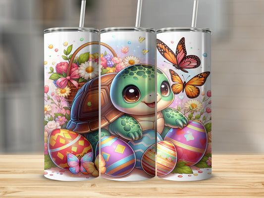 Easter turtle with colorful eggs and butterflies among flowers.
