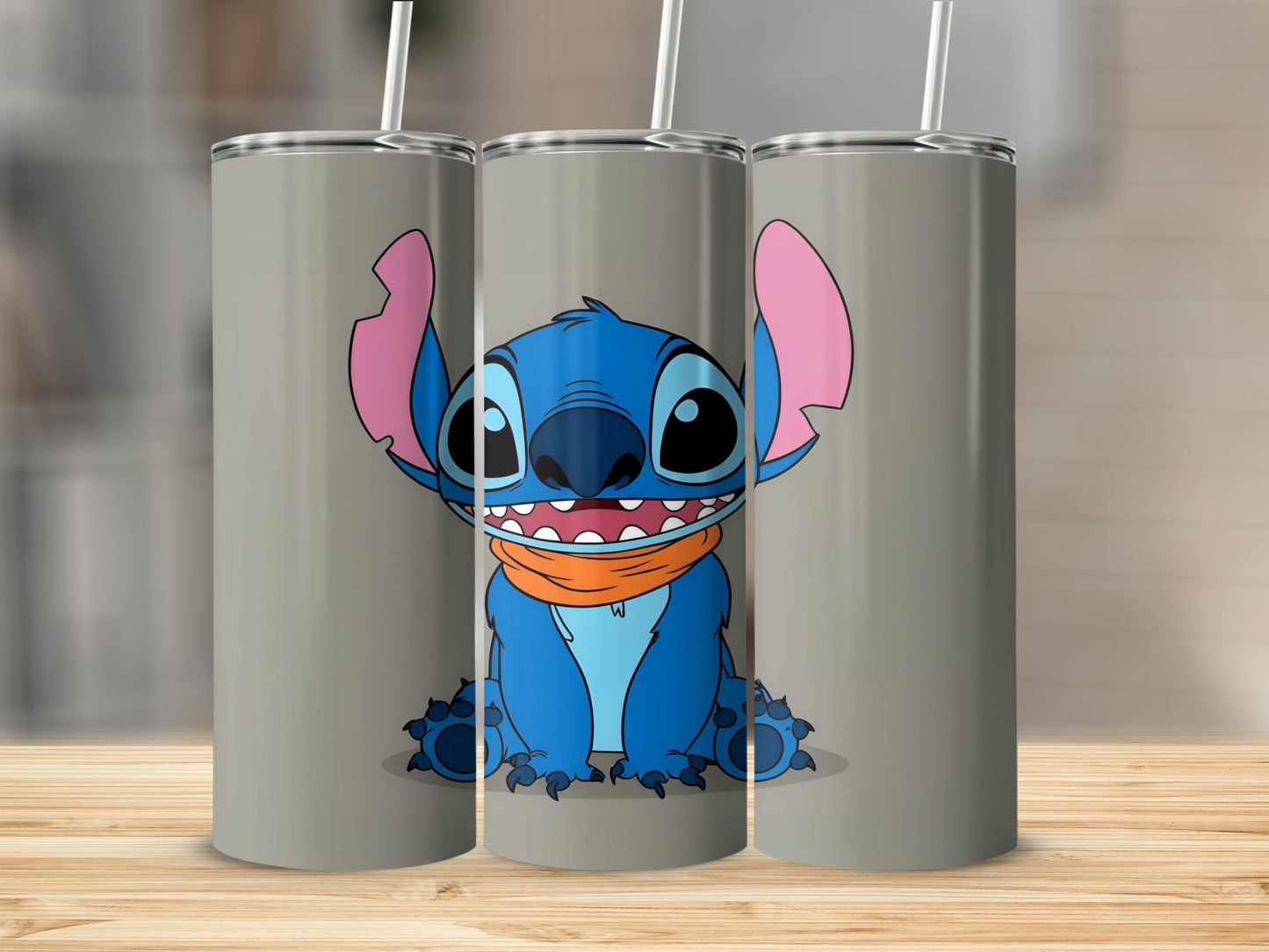 Blue alien cartoon character Stitch with orange scarf on gray background.