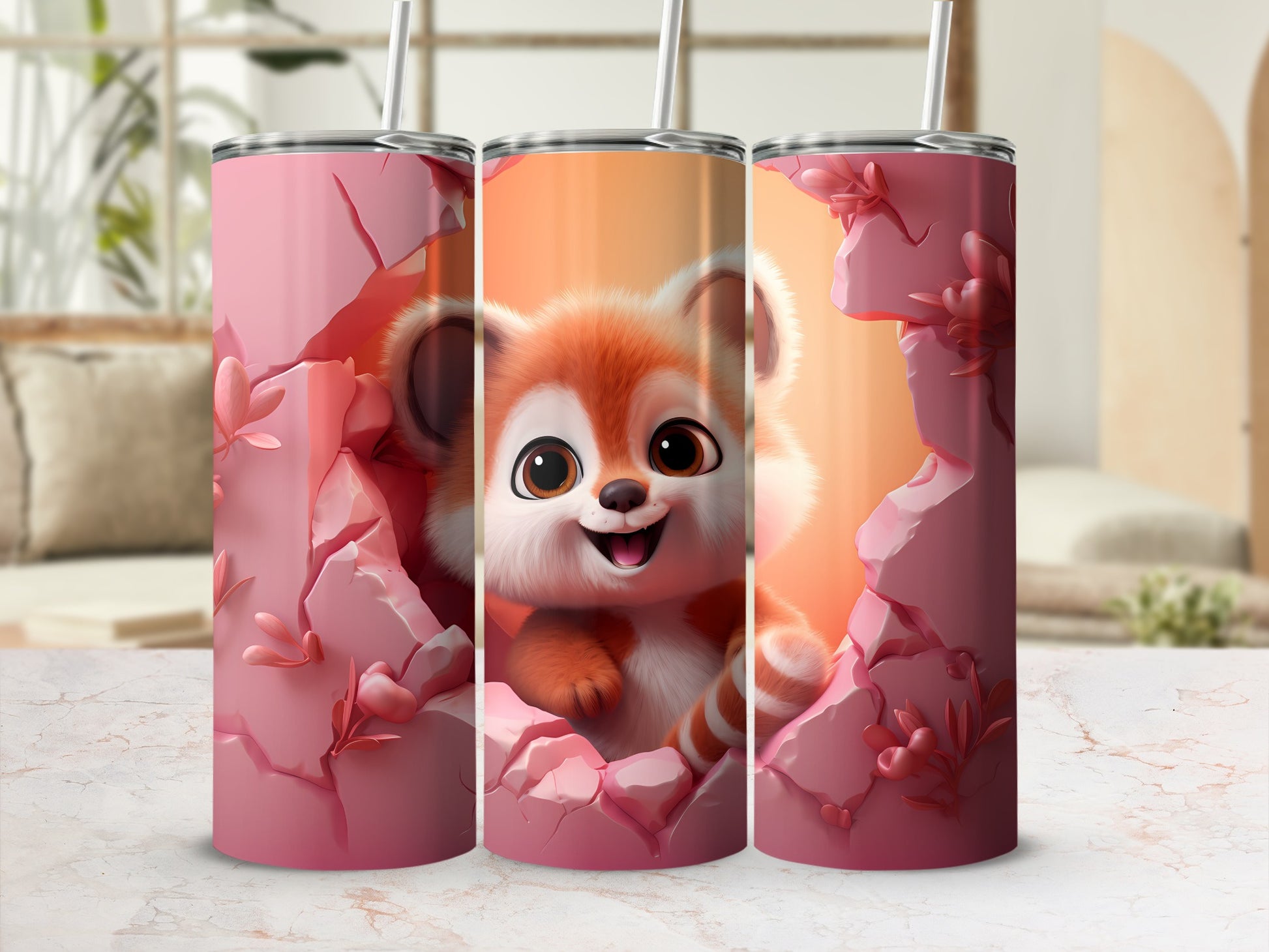 Adorable Red Panda Tumbling Out of Pink Flower Tumbler