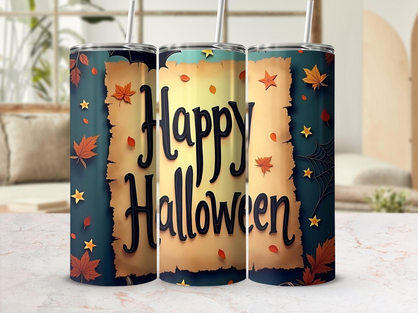 Happy Halloween Fall Leaves and Spiderweb Tumbler