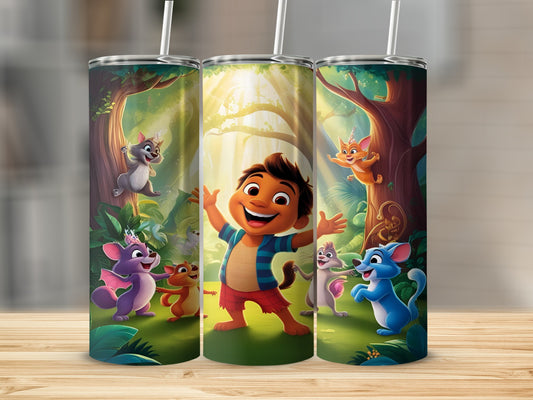 Boy surrounded by friendly fantasy creatures in a sunlit forest.