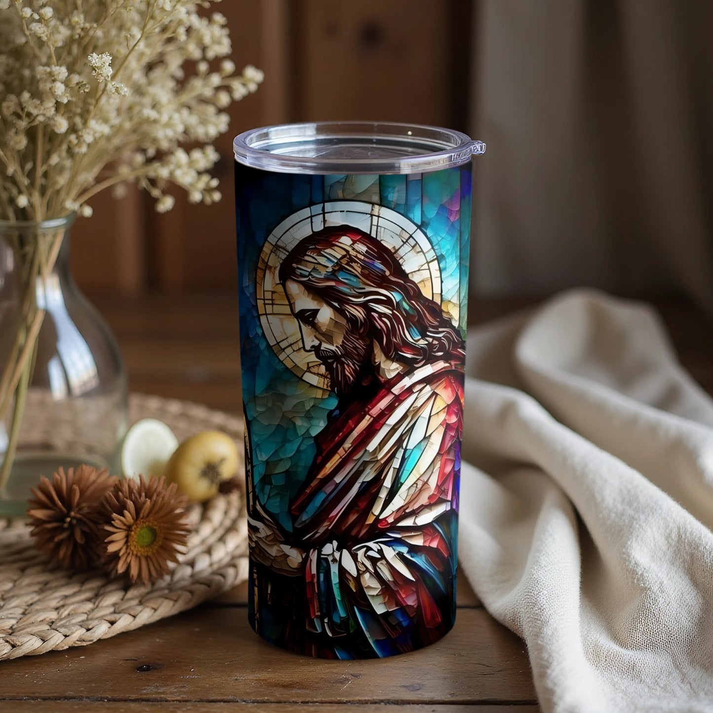 Stained Glass Jesus Art Travel Tumbler with Lid Product