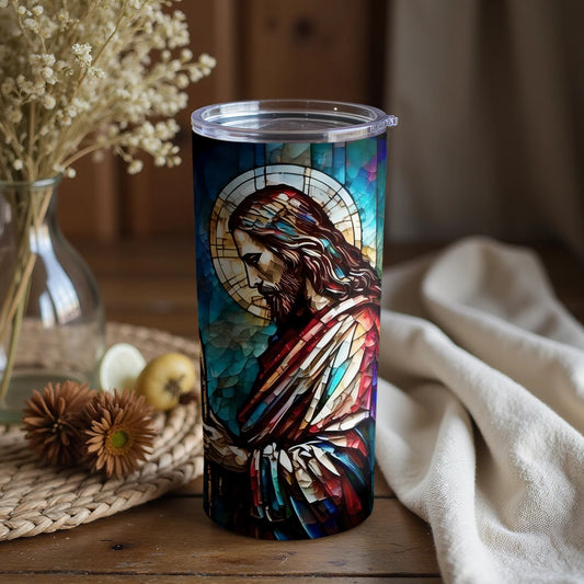 Stained Glass Jesus Art Travel Tumbler with Lid Product