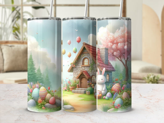 Easter bunny, eggs, and house in a whimsical spring landscape.