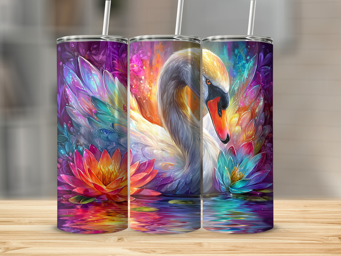 Vibrant Swan and Lotus Insulated Tumbler Cup