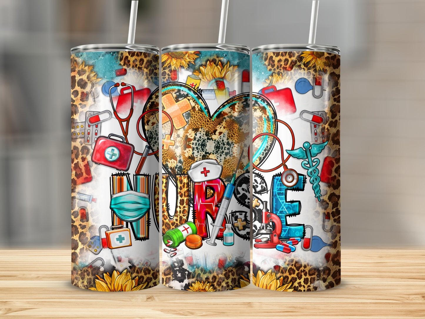 Nurse heart with medical icons, sunflowers, and leopard print on three tumblers.