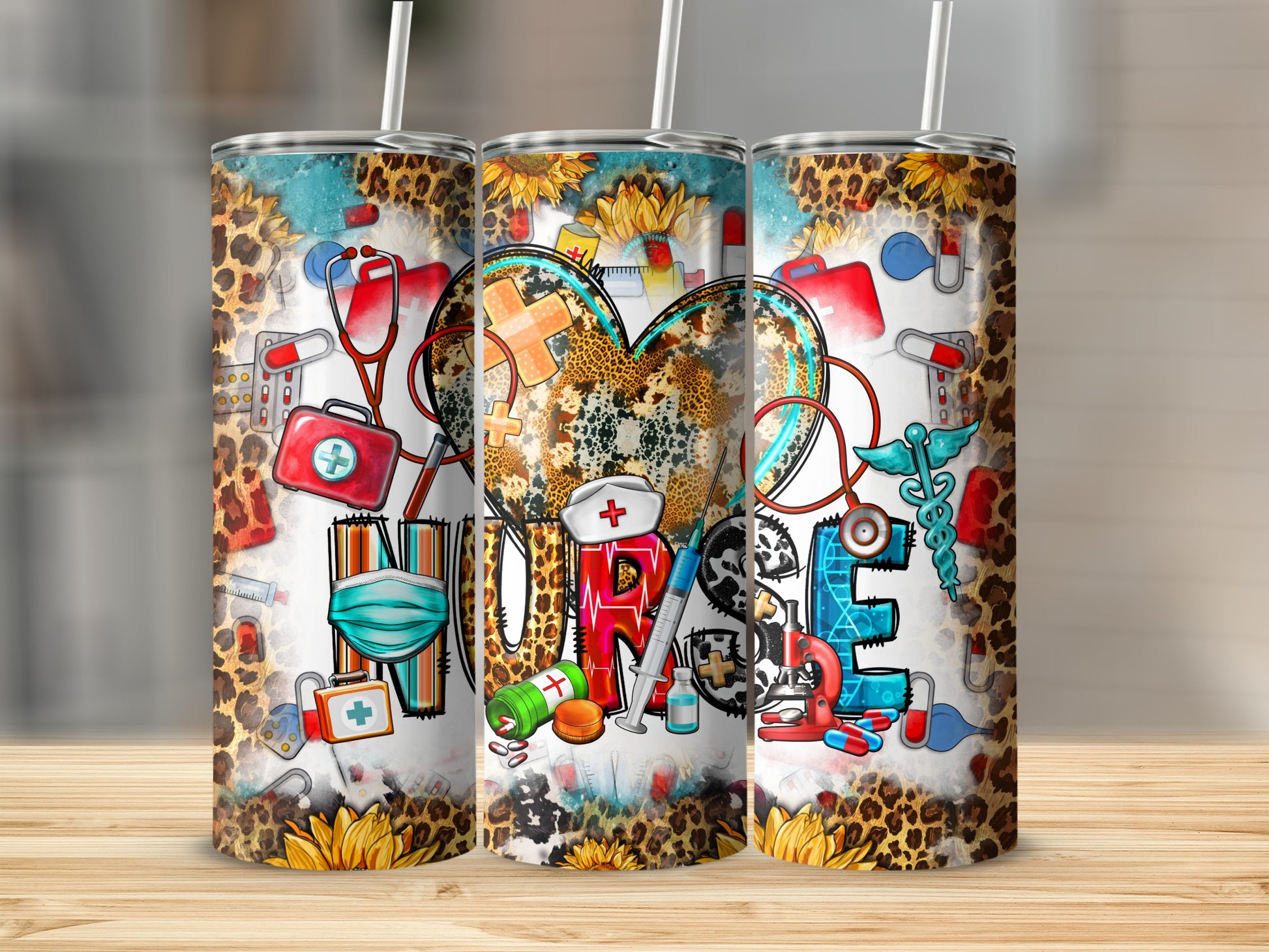 Nurse heart with medical icons, sunflowers, and leopard print on three tumblers.