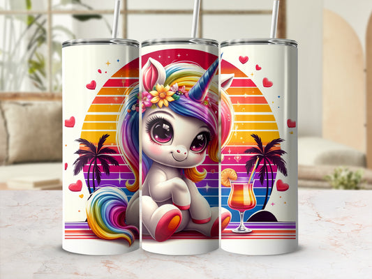 Unicorn with rainbow mane and tail holding a drink, sunset background.