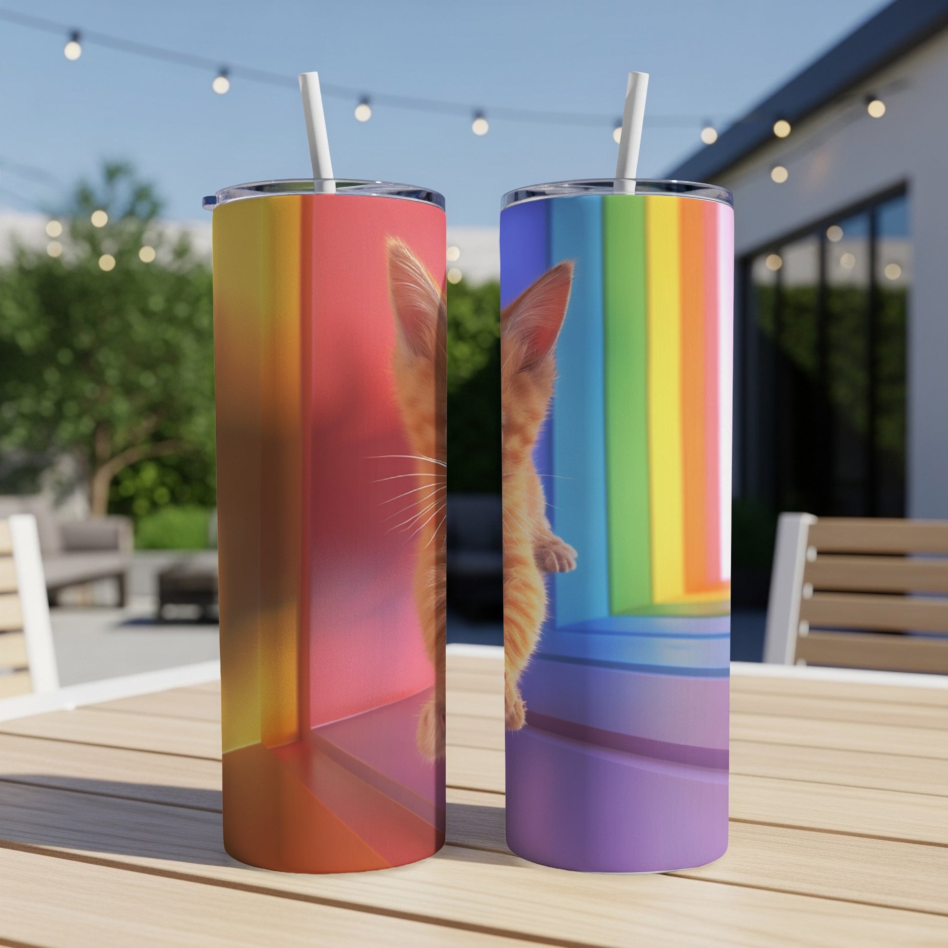 Two tumblers with kittens and a rainbow background on a wooden table.