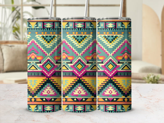 Three tumblers with geometric Southwestern patterns in teal, yellow, and pink.