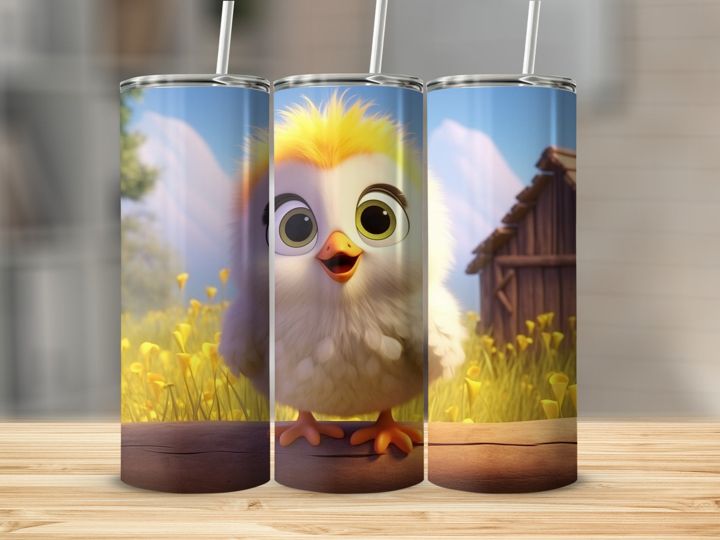Cute Chick in Field with Barn Background Tumbler
