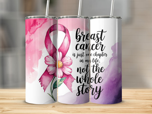 Three pink and purple tumblers with watercolor breast cancer ribbon design and inspirational text.