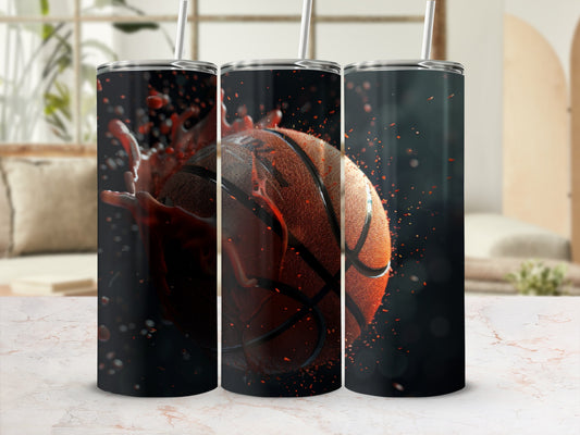 Three tumblers with a basketball splashing liquid design.