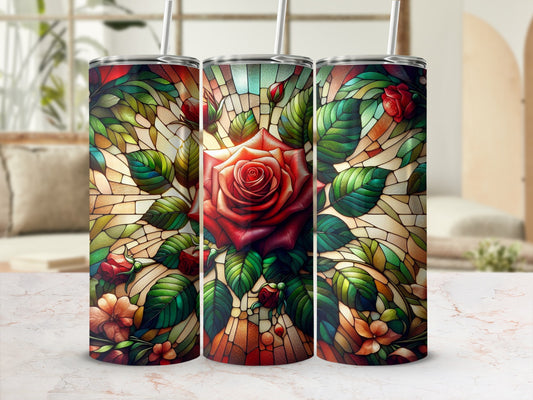 Three tumblers with a stained-glass red rose and green leaf design.