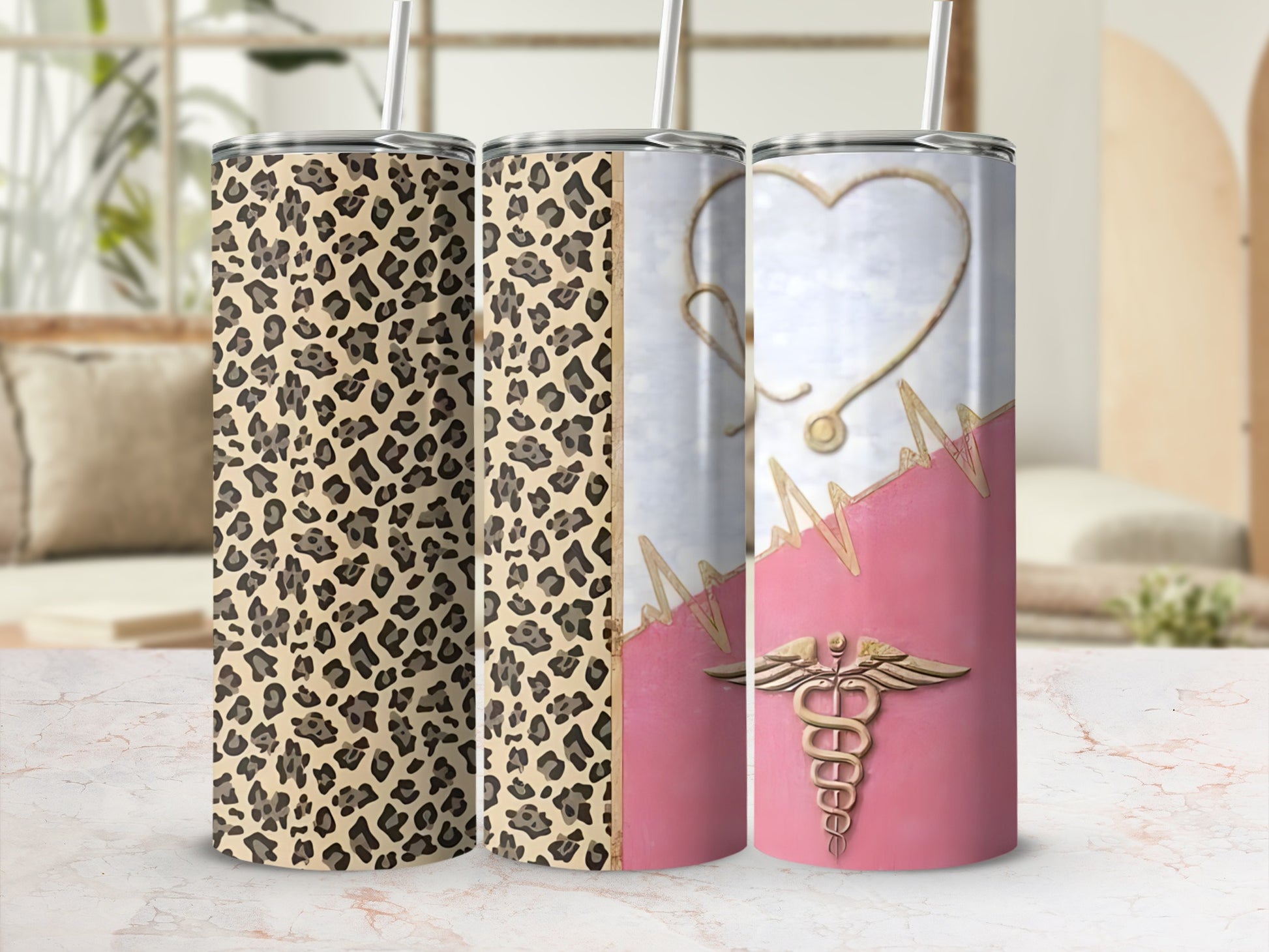 Two leopard print tumblers and one with stethoscope, heart, and caduceus on pink.