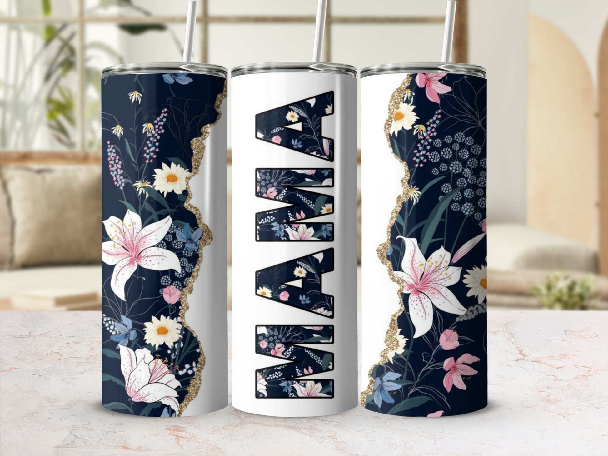 Floral and Name Custom Tumbler with Straw Drinkware