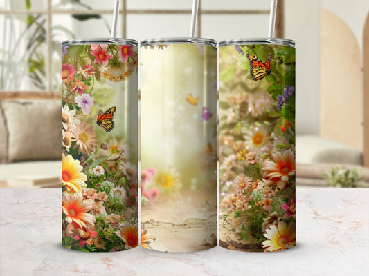 Floral design with butterflies and soft bokeh lighting on three tumblers.